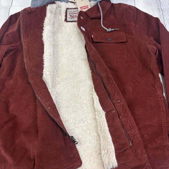 Levis Corduroy Sherpa-Lined Jacket With Hood Size Large Red & Gray - Picture 8 of 13